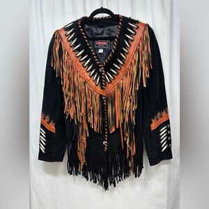 Vintage Native American Suede Fringe Hand Beaded Leather Jacket Womens Small